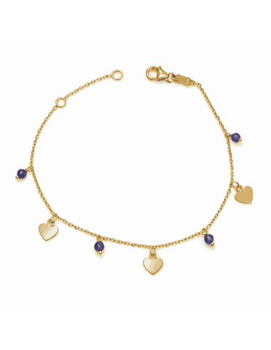 Pulsera infantil con colgantes de corazones y cuentas moradas - Oro Amarillo 18K