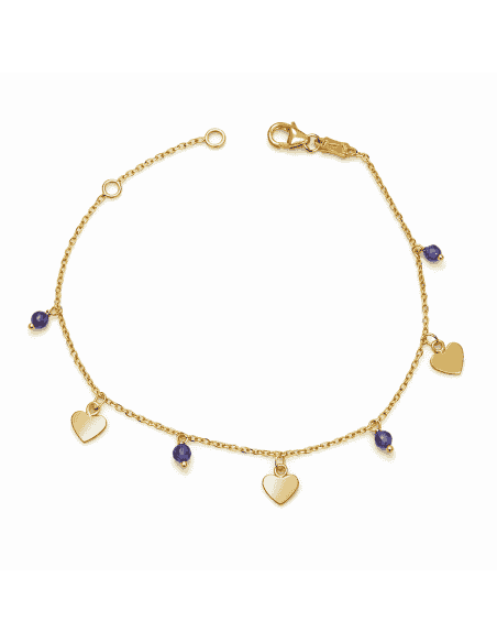 Pulsera infantil con colgantes de corazones y cuentas moradas - Oro Amarillo 18K