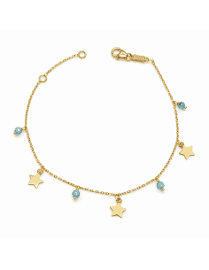 Pulsera infantil con colgantes de estrellas y cuentas celestes - Oro Amarillo 18K