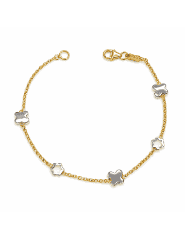 Pulsera infantil con mariposas y estrellas caladas - Oro Amarillo y Blanco 18K
