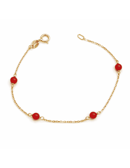 Pulsera infantil cadena y bolitas de coral  - Oro amarillo 18K