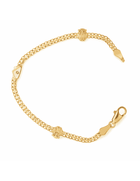 Pulsera infantil con dos búhos y una casita - Oro Amarillo 18K