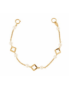 Pulsera infantil con flores caladas y perlas blancas - Oro Amarillo 18k