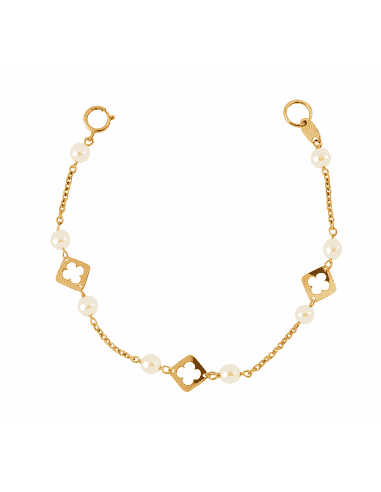 Pulsera infantil con flores caladas y perlas blancas - Oro Amarillo 18k