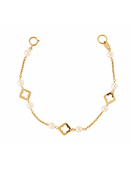 Pulsera infantil con flores caladas y perlas blancas - Oro Amarillo 18k