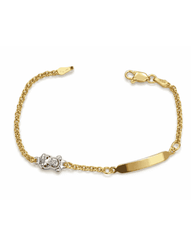 Pulsera Esclava infantil cadena rolón y Osito lateral - Oro Amarillo y Blanco 18K