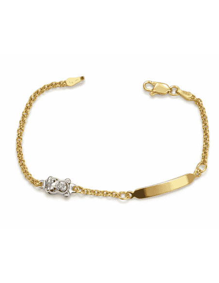 Pulsera Esclava infantil cadena rolón y Osito lateral - Oro Amarillo y Blanco 18K