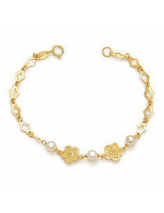 Pulsera infantil Floral con Perlas  - Oro amarillo 18K