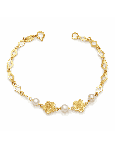 Pulsera infantil Floral con Perlas  - Oro amarillo 18K