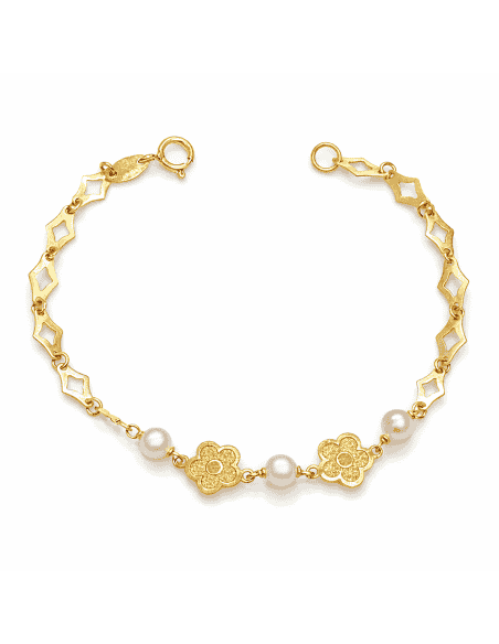 Pulsera infantil Floral con Perlas  - Oro amarillo 18K