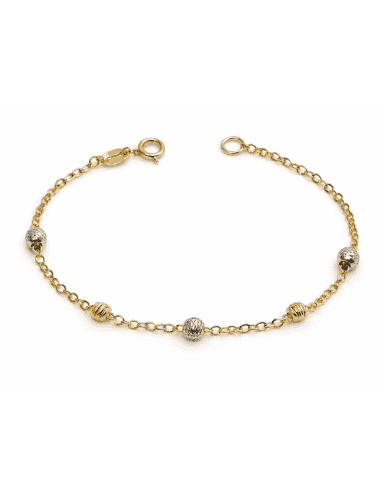Pulsera infantil Bicolor con Bolitas Diamantadas - Oro amarillo y Blanco 18K