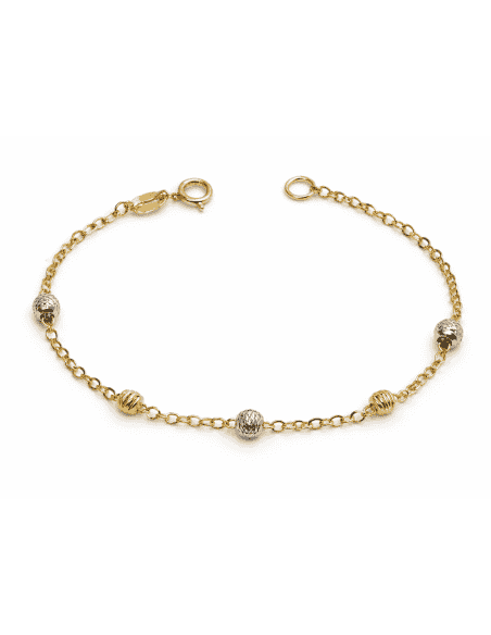 Pulsera infantil Bicolor con Bolitas Diamantadas - Oro amarillo y Blanco 18K