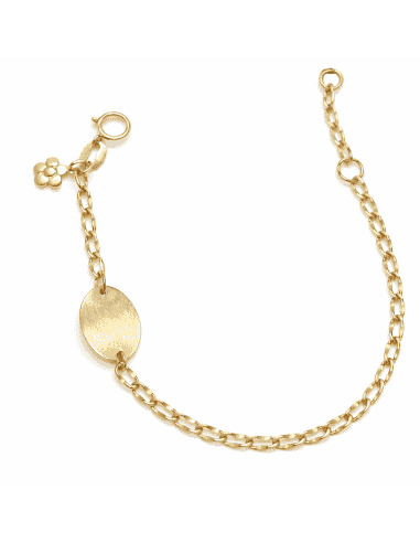 Pulsera infantil con colgantes con Placa Ovalada y con Colgante Flor - Oro Amarillo 18K
