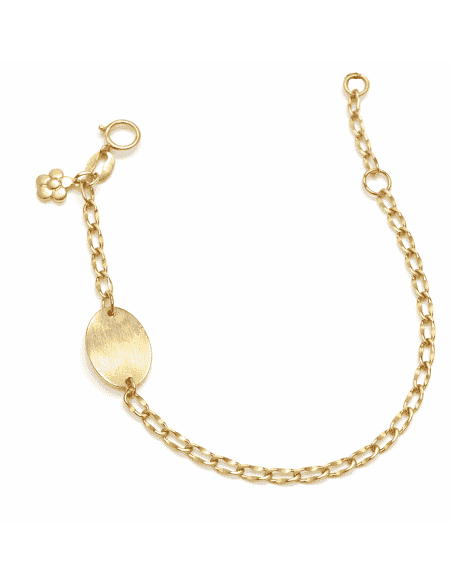 Pulsera infantil con colgantes con Placa Ovalada y con Colgante Flor - Oro Amarillo 18K