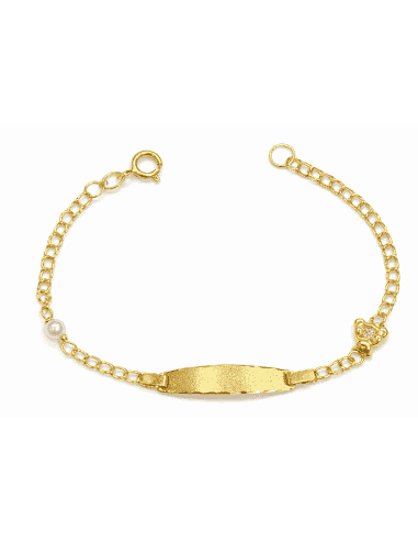 Pulsera Esclava infantil Perla y Osito con Circonita - Oro Amarillo 18K