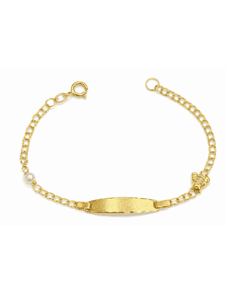 Pulsera Esclava infantil Perla y Osito con Circonita - Oro Amarillo 18K