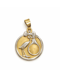 Colgante Bebé Oro Bicolor Cigüeña con Bebé - Oro Amarillo y Blanco
