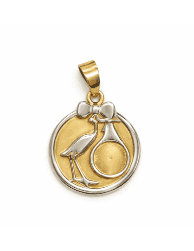 Colgante Bebé Oro Bicolor Cigüeña con Bebé - Oro Amarillo y Blanco