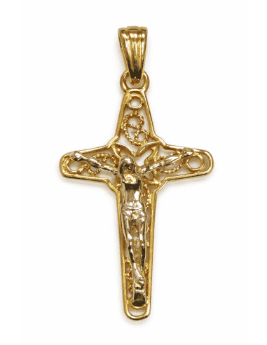 Colgante Cruz con Cristo en filigrana – Oro Amarillo y Blanco 18k