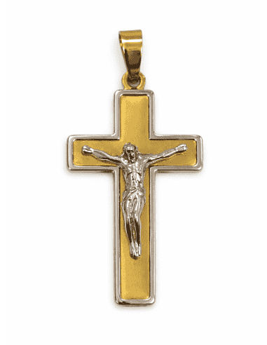 Colgante Cruz con Cristo Bicolor - Oro Amarillo y Blanco 18k