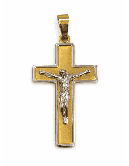Colgante Cruz con Cristo Bicolor - Oro Amarillo y Blanco 18k