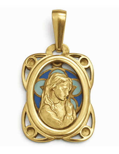 Medalla Virgen Niña con Esmalte Azul- Oro Amarillo 18K
