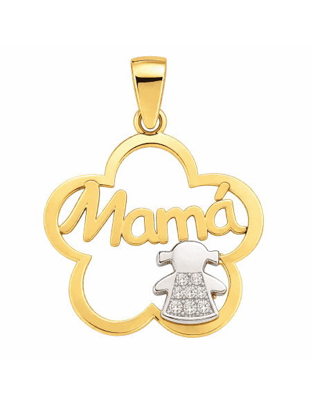 Colgante "Mama"  con niña con circonitas - Oro Amarillo y Blanco 18K