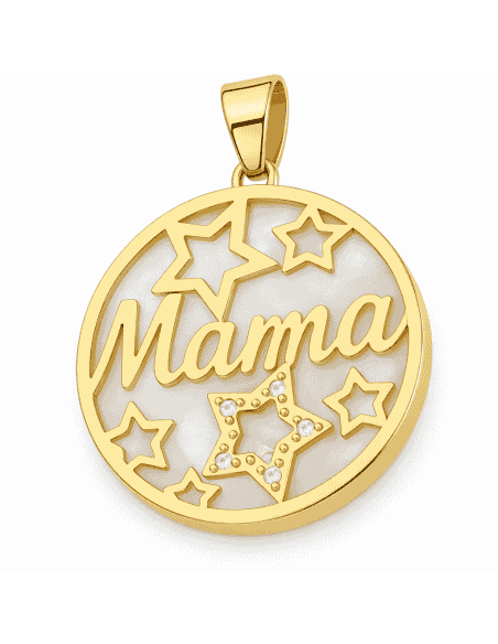 Colgante "Mamá" con Estrellas, Nácar y Circonitas - Oro Amarillo 18K