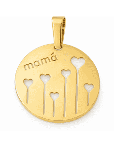 Colgante con la Palabra “Mamá” y Corazones Calados - Oro Amarillo 18K