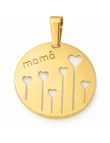 Colgante con la Palabra “Mamá” y Corazones Calados - Oro Amarillo 18K