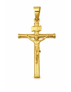 Colgante Cruz Clásica Tubo con Cristo - Oro Amarillo 18K