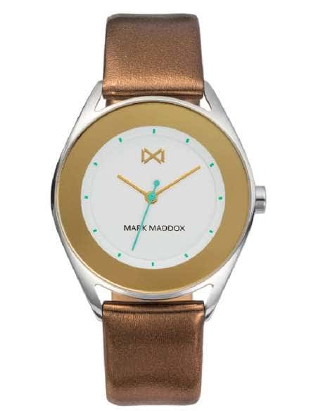 Reloj para Mujer con Correa de Piel Marrón y Esfera Blanca con Detalles Dorados - Mark Maddox MC7104-06