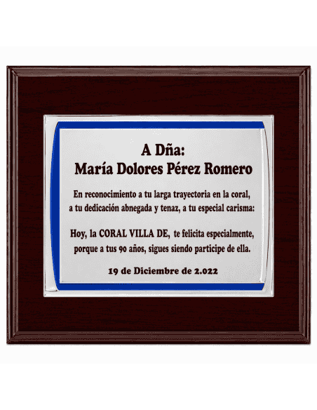 Placa Homenaje Aluminio Mate detalle Azul - P-2074 ( Grabado Incluido)