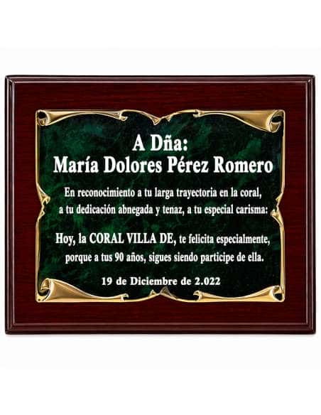 Placa Homenaje Aluminio Pergamino Dorado Fondo Esmalte Verde -  P-2096 ( Grabado Incluido)