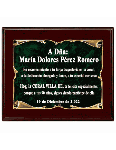 Placa Homenaje Aluminio Pergamino Dorado Fondo Esmalte Verde -  P-2096/1X ( Grabado Incluido)