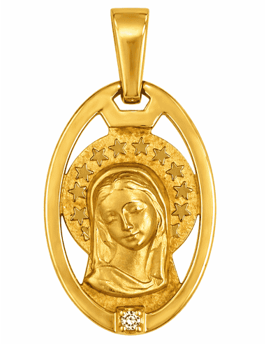 Medalla Virgen Niña con  Brillante en su Base -  Oro Amarillo 18K