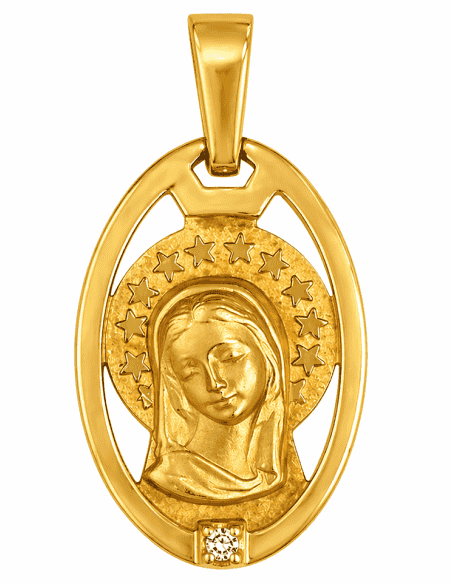 Medalla Virgen Niña con  Brillante en su Base -  Oro Amarillo 18K