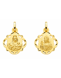 Medalla escapulario con forma Virgen del Carmen y corazón de jesús - Oro Amarillo 18k