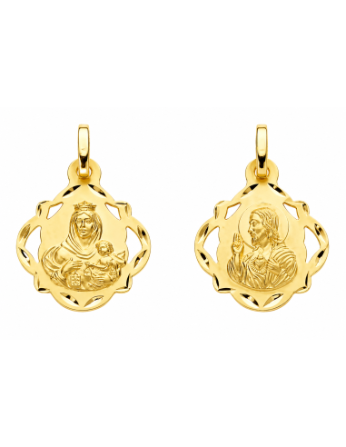 Medalla escapulario con forma Virgen del Carmen y corazón de jesús - Oro Amarillo 18k