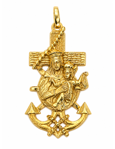 Colgante Cruz del Mar con Virgen del Carmen - Oro Amarillo 18K