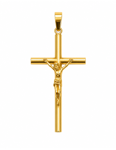 Colgante Cruz Clásica Tubo con Cristo - Oro Amarillo 18K