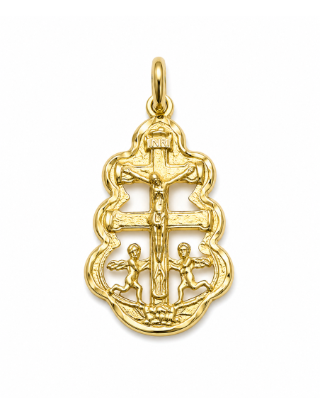 Colgante Cruz Caravaca con Cerco forma Ondulada - Oro Amarillo 18K