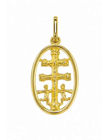 Colgante Cruz Caravaca con Cerco forma Oval - Oro Amarillo 18K