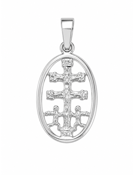 Colgante Cruz Caravaca con Cerco forma Oval - Oro Blanco 18K