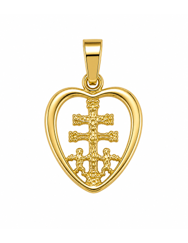 Colgante Cruz Caravaca con Cerco forma de Corazón - Oro Amarillo 18K