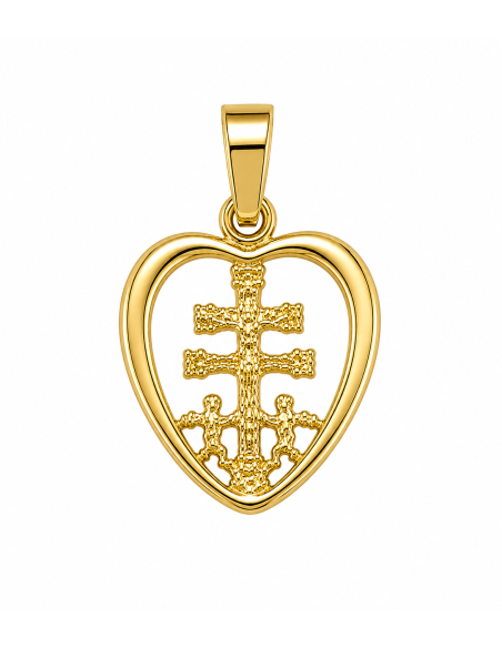 Colgante Cruz Caravaca con Cerco forma de Corazón - Oro Amarillo 18K