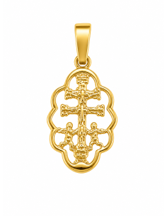 Colgante Cruz Caravaca con Cerco forma Ondulada - Oro Amarillo 18K