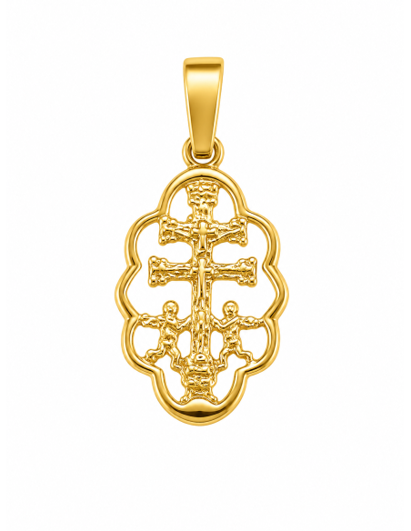 Colgante Cruz Caravaca con Cerco forma Ondulada - Oro Amarillo 18K