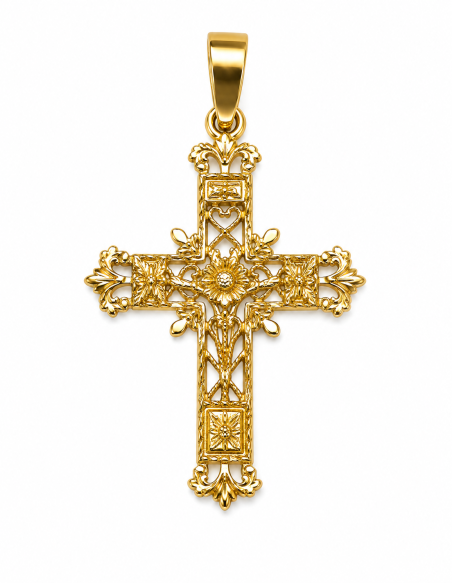 Colgante Cruz Calada Floral - Oro Amarillo 18K