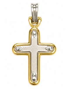 Colgante Cruz Bicolor Lisa con Relieve - Oro Amarillo y Oro Blanco 18K
